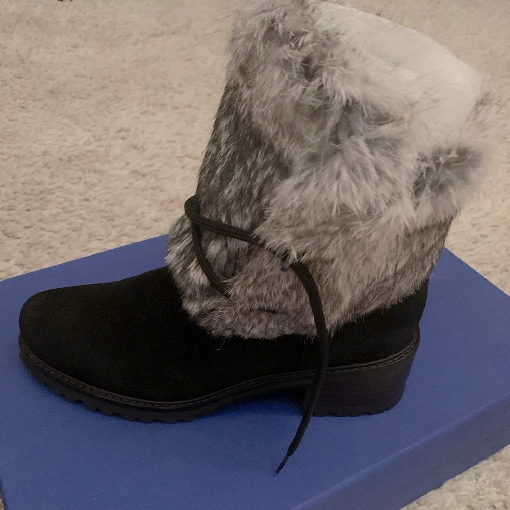 Stuart Weitzman black suede lace booties w/ real rabbit fur cuff. New condition